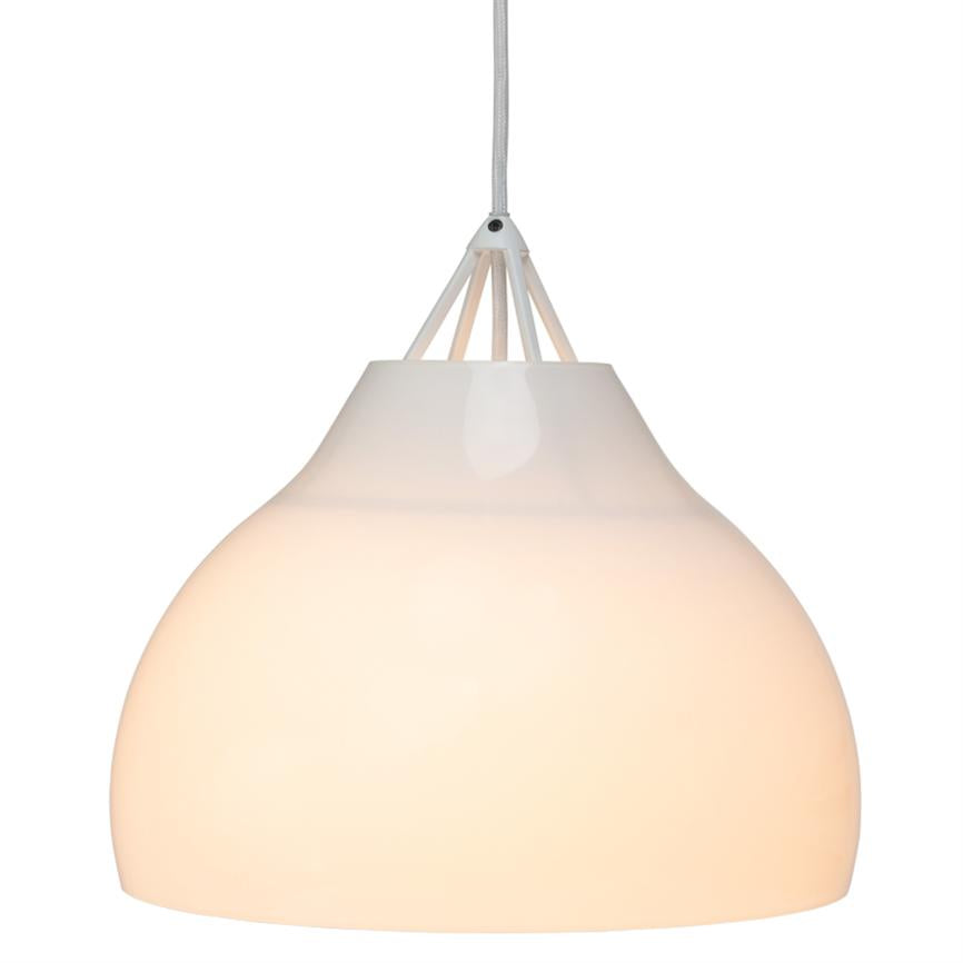 A round, white pendant lamp emits warm, diffused light, hanging from a fabric-covered cord above a neutral white background; minimalist, Scandinavian design.