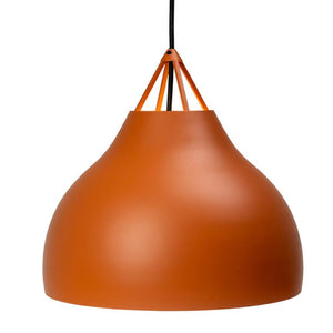 An orange metal pendant hangs from a black cord, with a round, curved shade and slender suspension rods against a neutral white background.