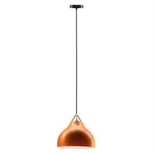 An orange metal pendant hangs from a thin black wire; the lampshade is curved with a white inside. Single product image displayed against a neutral, uniform white background.