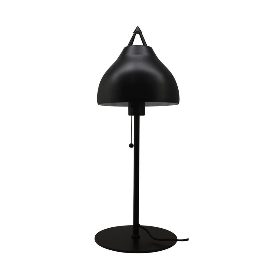 A black metal table lamp stands on a circular base, the lampshade curved and hanging from a vertical pole; the lamp is turned off and placed against a clean, white background.