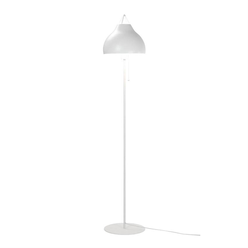 Floor lamp stands upright with a curved white shade, slim rod and round base; has a small pull button and a cord, shown against a solid white background.