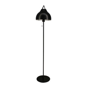 Black floor lamp stands upright, dome-shaped shade points down, small cord hangs below the shade; slender rod and circular foot placed on uniform white background.