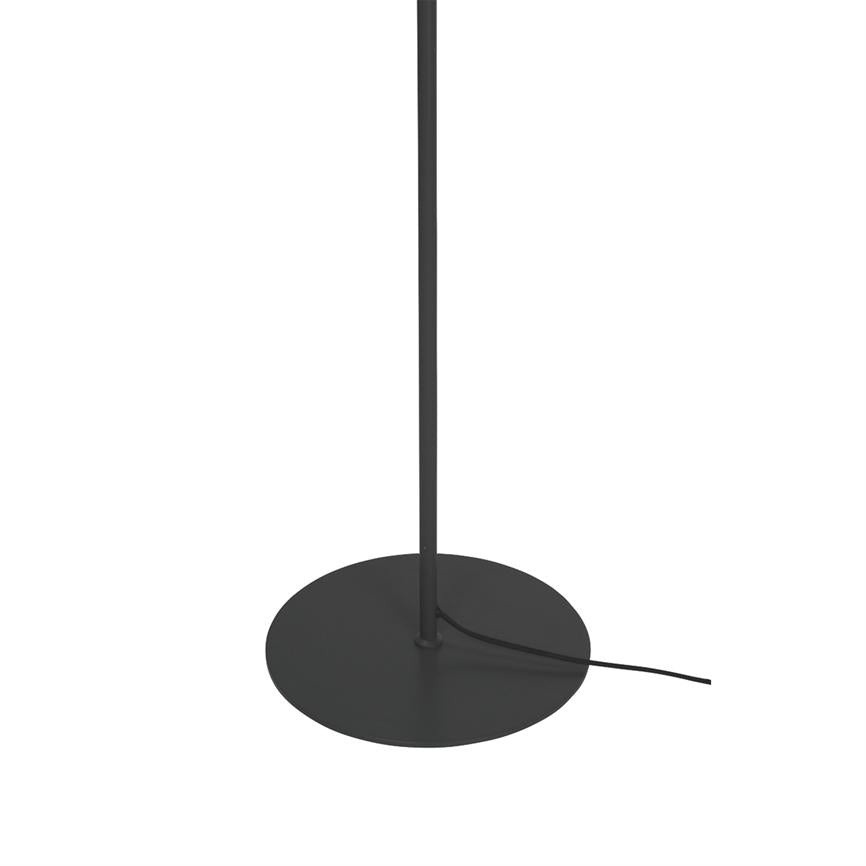 Black lamp stand stands upright with a round, flat foot; a black cord lies across the base, simple matte finish against a white, blank background.