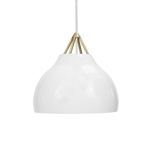 Hanging white pendant lamp with glossy dome shape, suspended in white wire and brass fittings, against a plain white background.