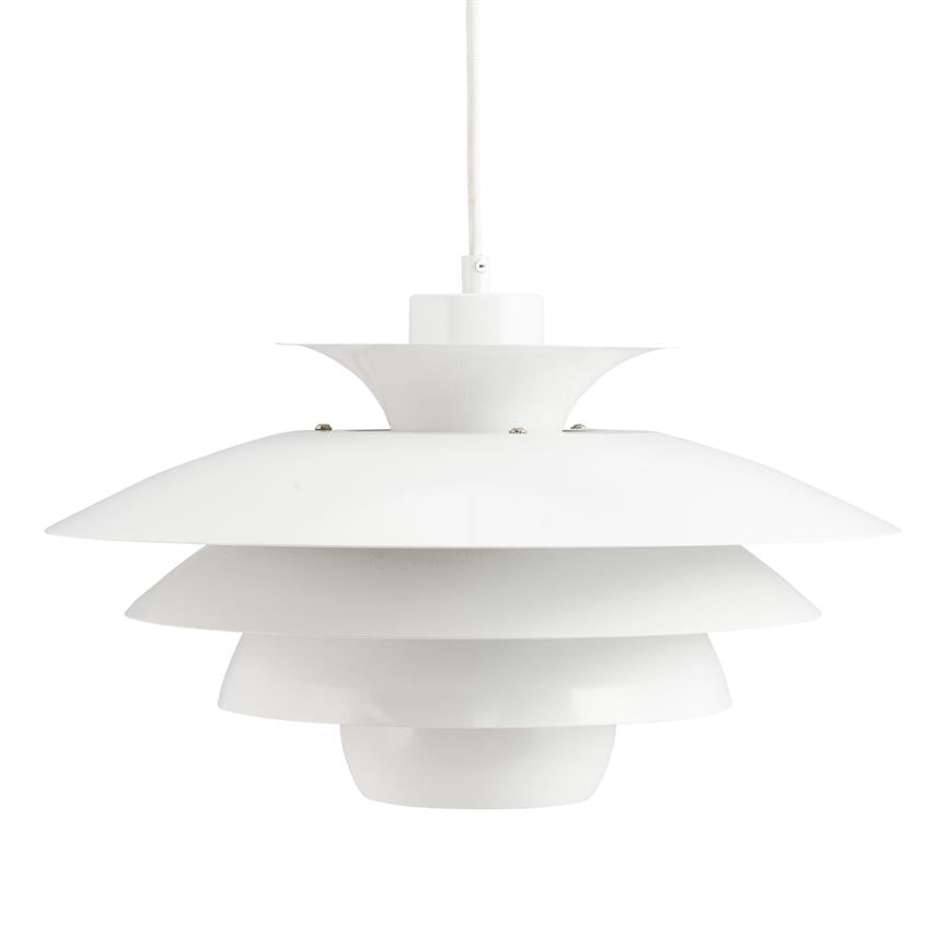 White disc-shaped pendant hangs from a wire, consists of four layered screens and is designed for indirect lighting, photographed against a uniform white background.