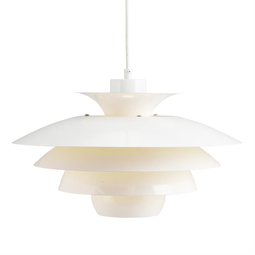 White layered pendant lamp hangs from a fabric-wrapped cord and emits soft, warm light against a neutral, white studio background.