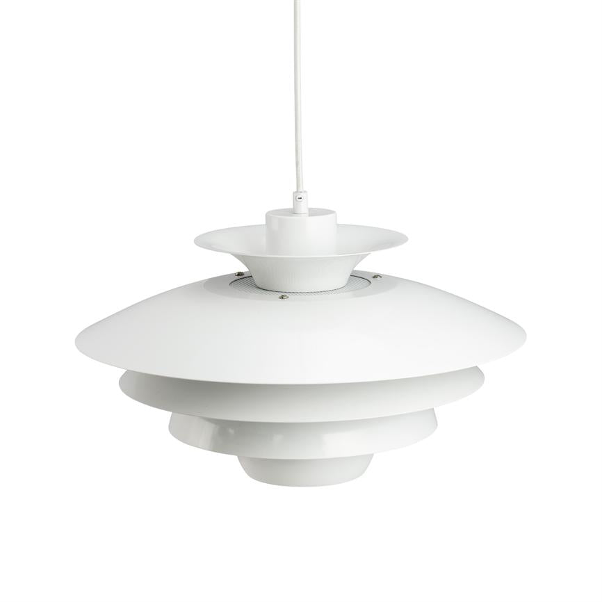 Hanging lamp suspended from a white cord, consisting of several overlapping, bowl-shaped white shades; minimalist, modern design against a neutral white background.