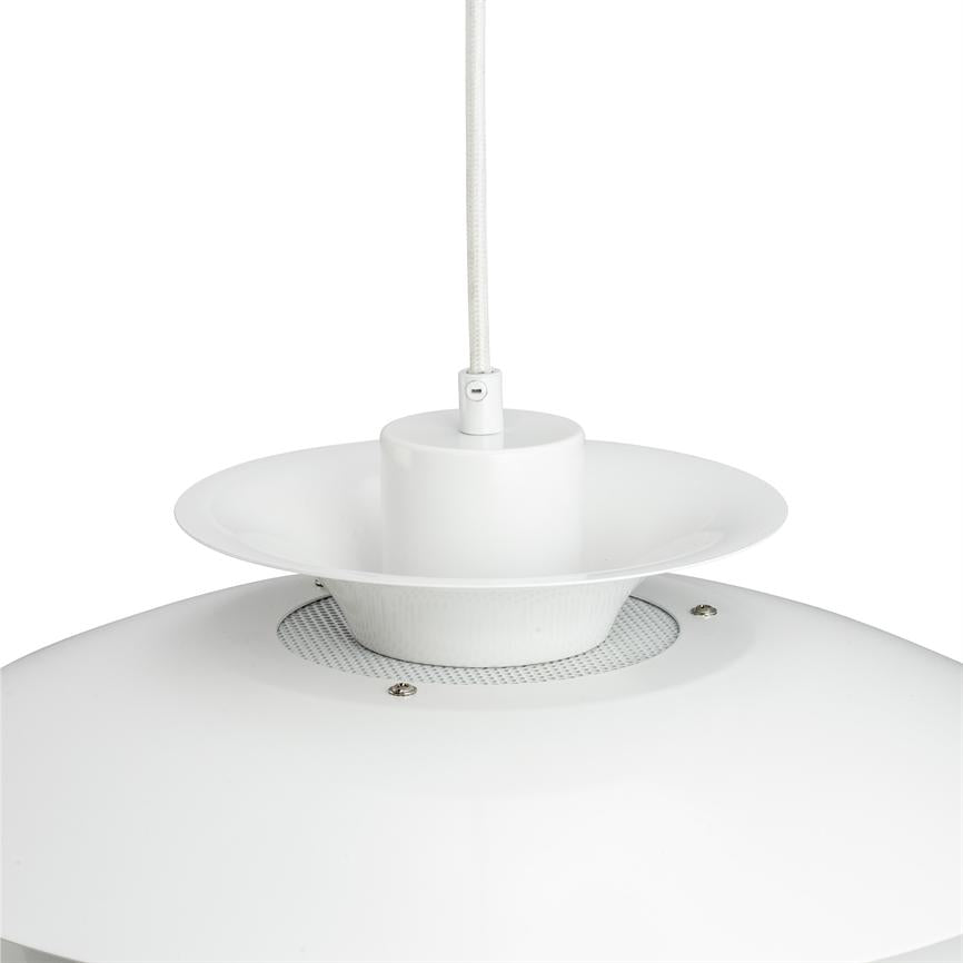 Hanging lamp hangs in textile cord, with two bowl-shaped white shades and visible metal screws; close-up shows ventilation grille and simple white studio background.