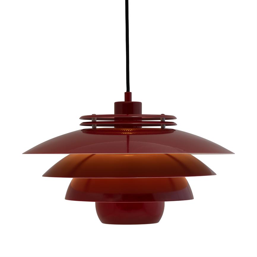 Red, layered lacquered metal pendant lamp hangs from a black cord and emits a warm inner glow; simple, minimalist presentation against a clean white background.
