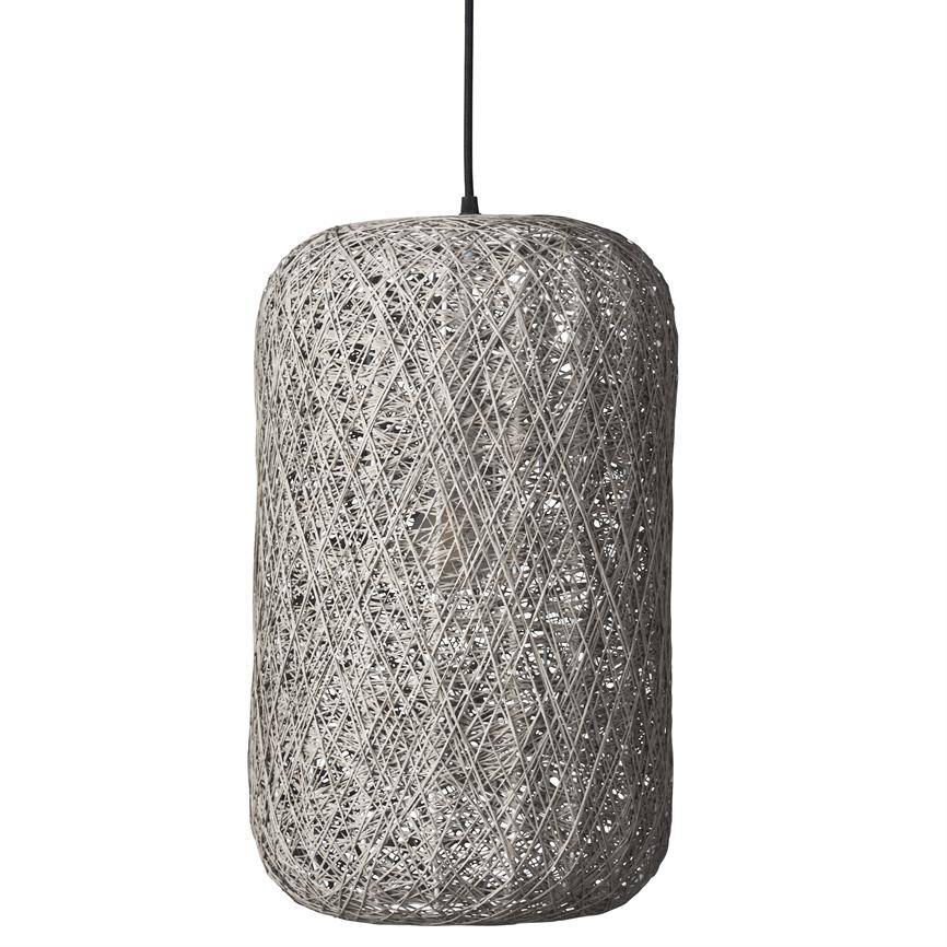 A cylinder-shaped lampshade in gray, tightly woven wire mesh hangs from a black cord and casts a filigree pattern against a neutral white background.