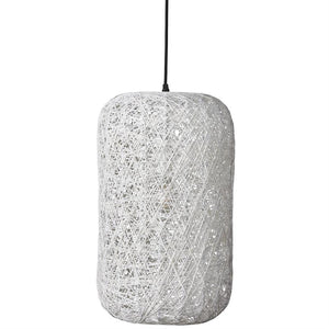 pendant hanging from a black cord; cylindrical, rounded white lampshade of intertwined threads against a uniform white background.