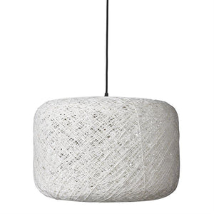 White round lampshade made of crisscrossed cord hangs from a black cord against a uniform white background.