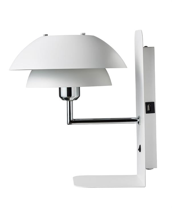 Wall lamp with three-layer white round shade mounted on chrome arm; attached to a white wall plate with visible USB port, against a neutral white background.