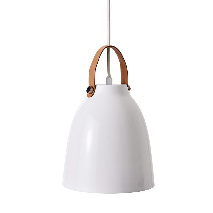White, bell-shaped pendant lamp with brown leather handle attached with black rivets hangs from a fabric-covered cord against a uniform white background.