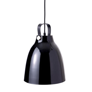 Black pendant-lamp hangs from a thin black cord; its shiny, bell-shaped metal shade has a small black leather handle and silver button, shown against a uniform white background.