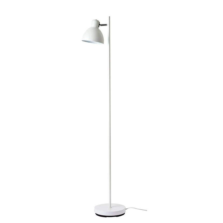 Floor lamp stands vertically, with an adjustable lamp head angled downwards; slim metal rod and round base, white finish, isolated on white background.