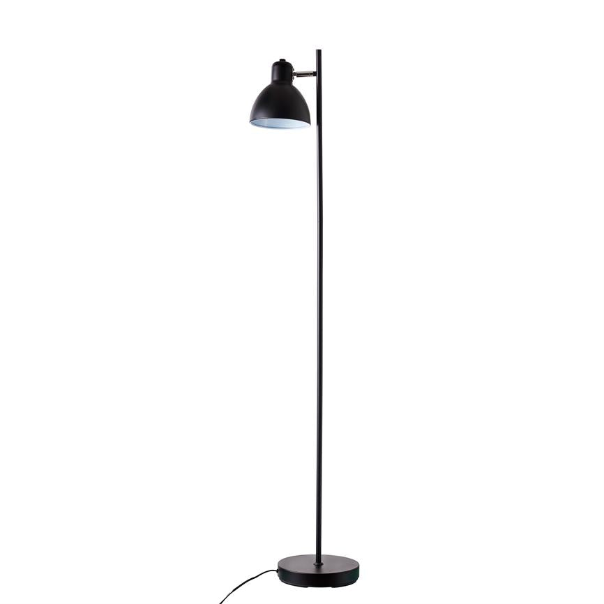 Black floor lamp stands upright with tall, slender pole and downward-facing dome shade; round foot and loose cord on white background.