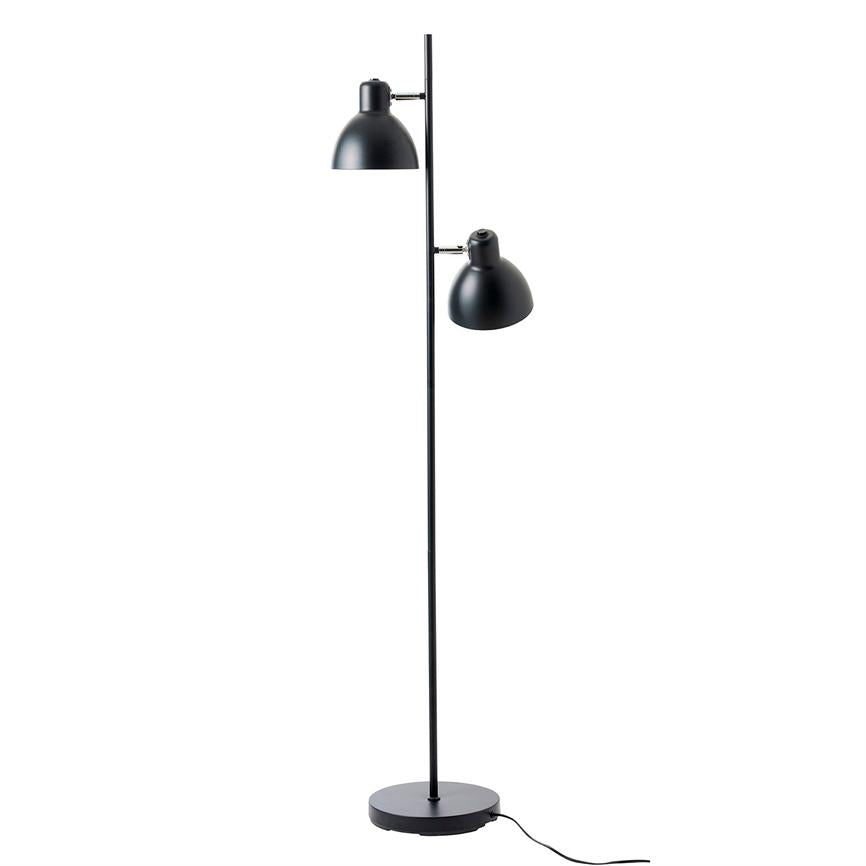 Black metal floor lamp with two adjustable shades mounted on a slim rod above a round base; screens point down and slanted, placed on white studio background, wire visible.