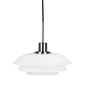 A white, tiered pendant light hangs from a black cord with chrome fittings at the top; three flat, conical screens are stacked, shown against a neutral white background.