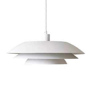 White pendant lamp hangs from a thin cord; three wide, layered screens flatten into a low, round shape, presented against a neutral white background, modern and minimalistic.