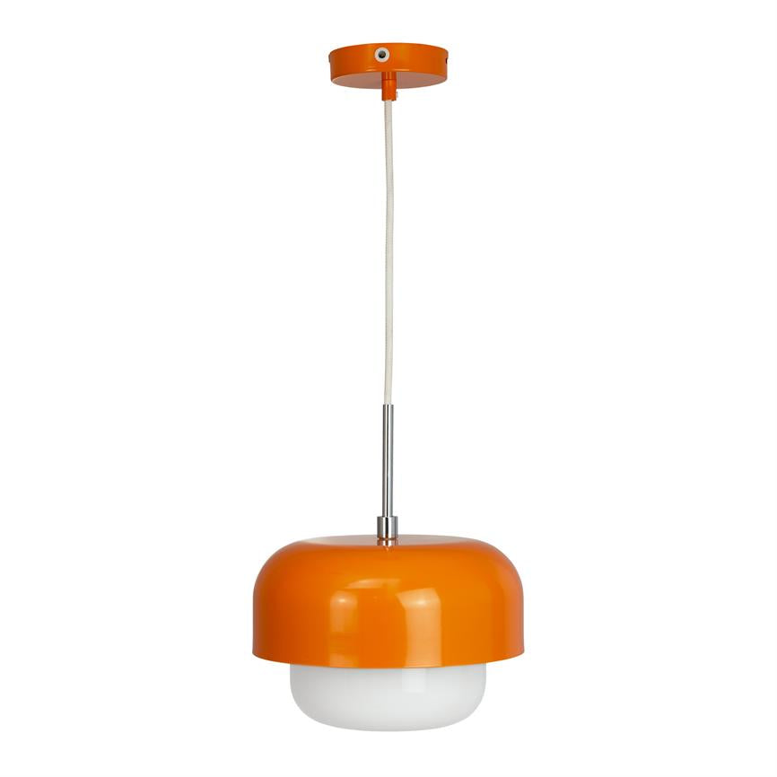 An orange pendant lamp hangs from a white textile cord and chrome rod, with a round orange dome and white glass diffuser below, against a uniform white background.