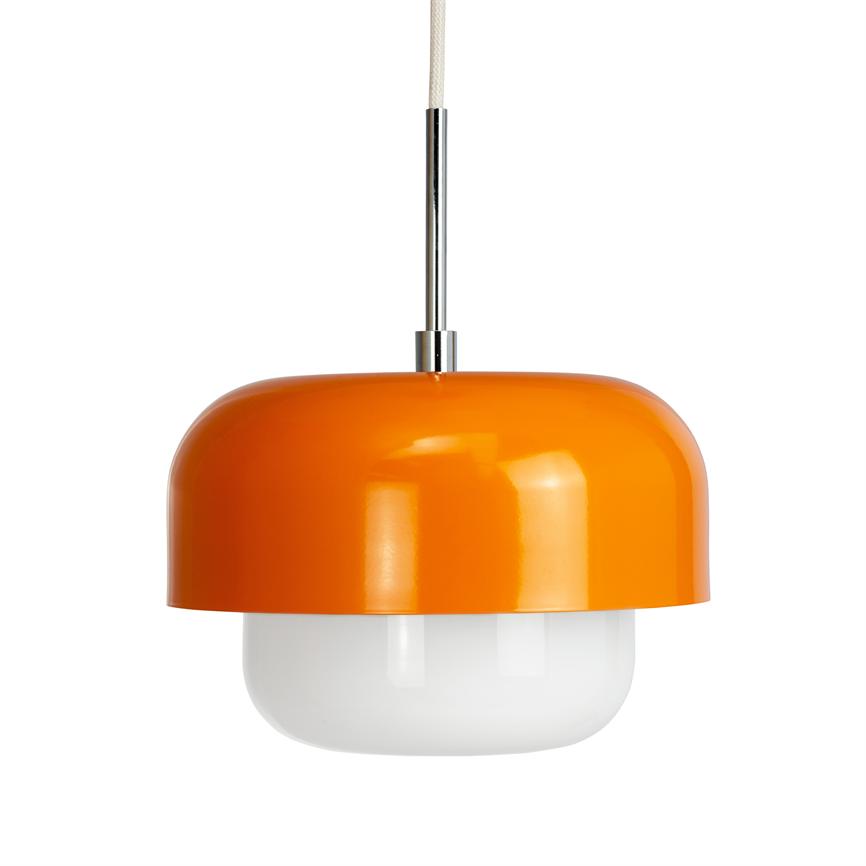 An orange hanging lamp hangs from a chrome rod; it has a round, shiny orange metal dome over a white, rounded opal glass diffuser. The object is shown isolated against a white background.