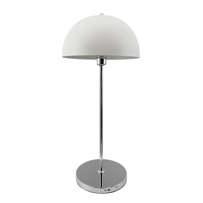 Table lamp with slim chrome rod and hemispherical white shade, stands upright and ready for use on a neutral white background.