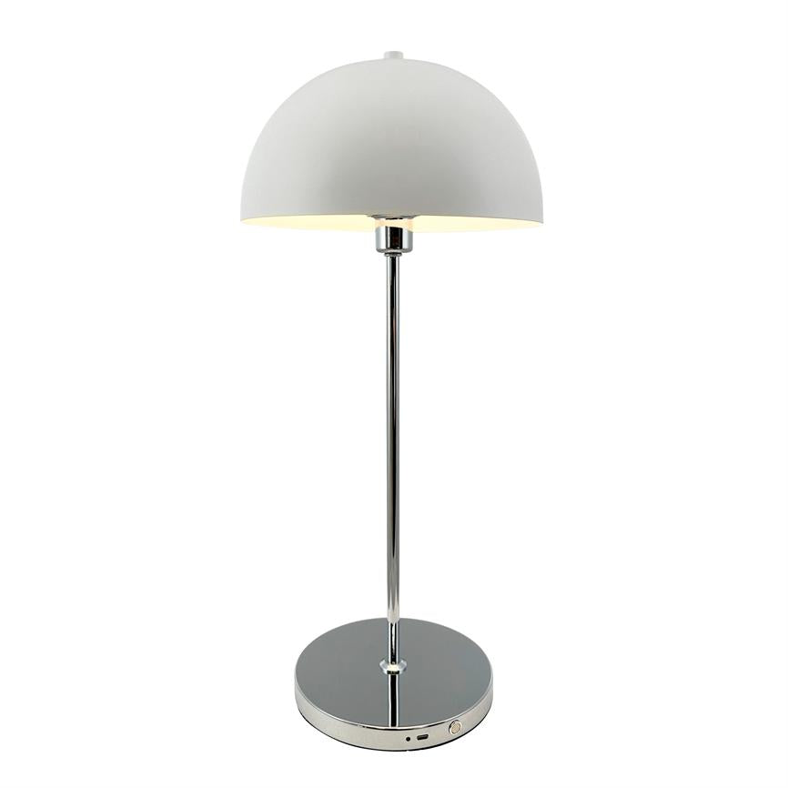 Table lamp with hemispherical white shade, lights downwards; mounted on slim chrome bar with round chrome base; minimalist, modern look against a white background.