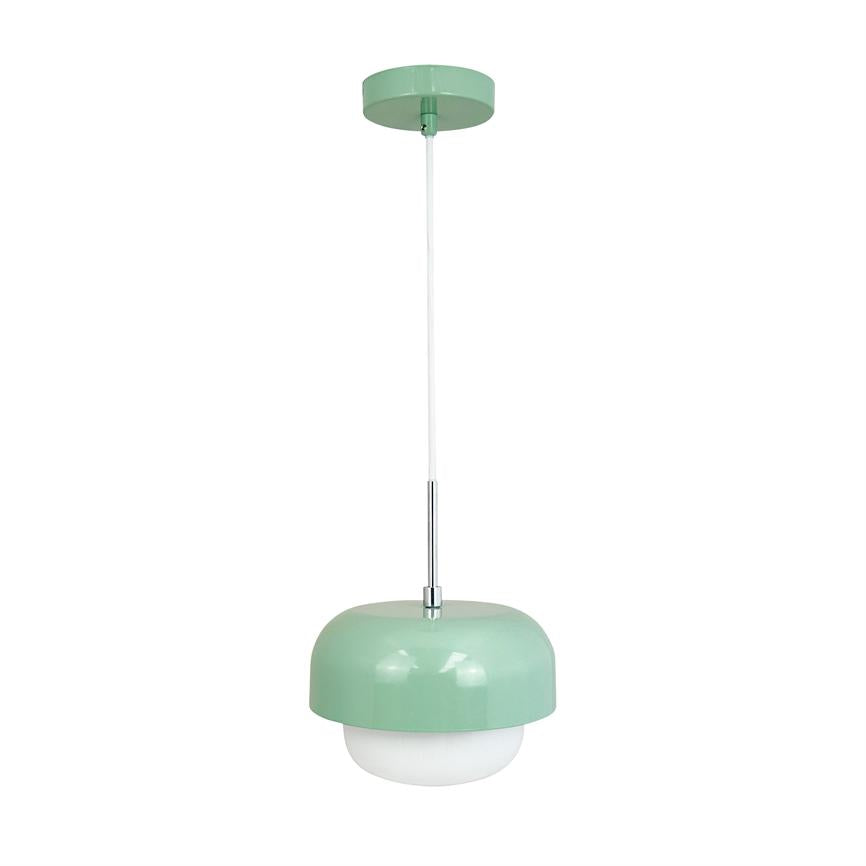 Ceiling lamp hangs in white cord with chrome rod; mint green metal dome over white round diffuser; simple suspension against uniform white background.