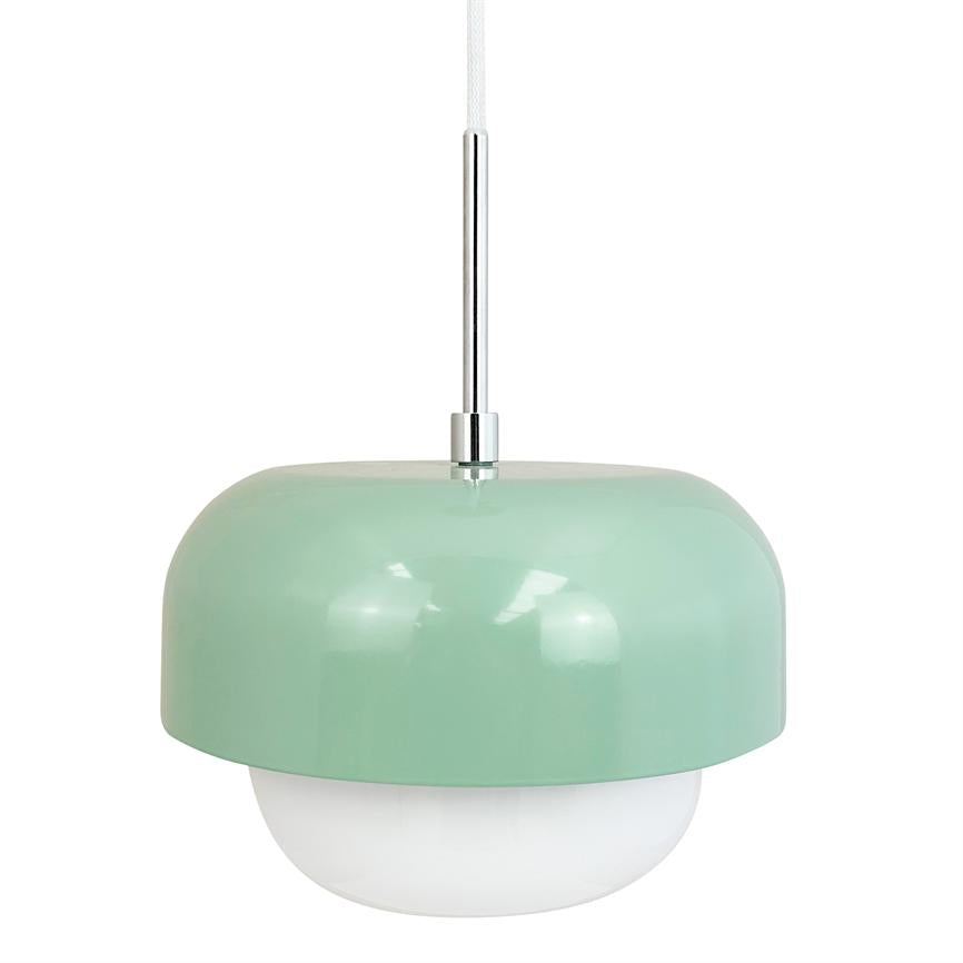A mint green pendant light hangs from a chrome rod; a round glossy dome encloses a white hemispherical diffuser, set against a neutral white background.