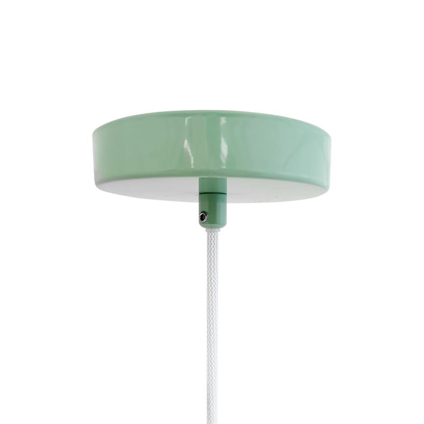 Round mint green ceiling box holds a white braided cord that hangs down vertically; simple, glossy surface set against a neutral white background.