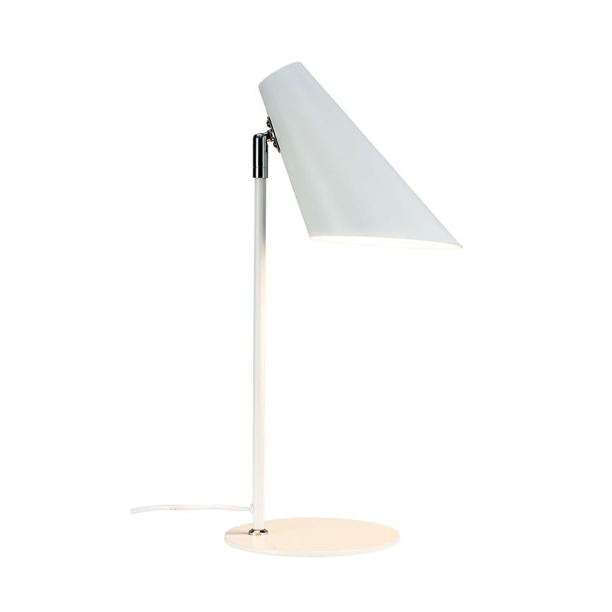 A white metal table lamp with a slanted, cone-shaped shade; the screen is angled and lit downwards, mounted on a slim pole and round base, set against a neutral white background.