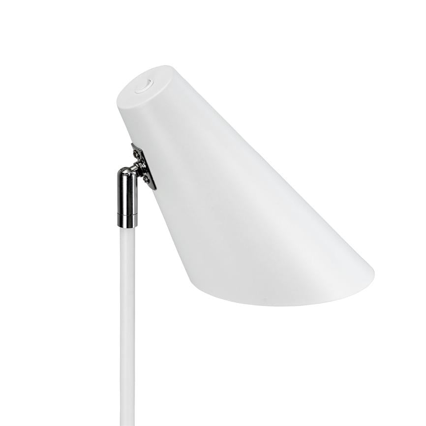 A white, cone-shaped lampshade leans forward and directs light downwards; it is mounted on a thin white rod with chrome joints, against a uniform white background.