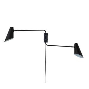 Wall lamp with two adjustable arms and cone-shaped shades, extended to the sides from a central wall-mounted plate; black finish and visible wire against white blank background.