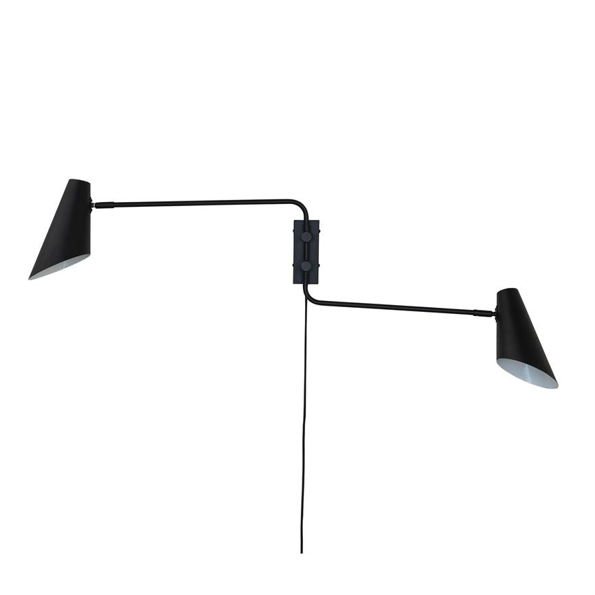 Wall lamp with two adjustable arms and cone-shaped shades, extended to the sides from a central wall-mounted plate; black finish and visible wire against white blank background.