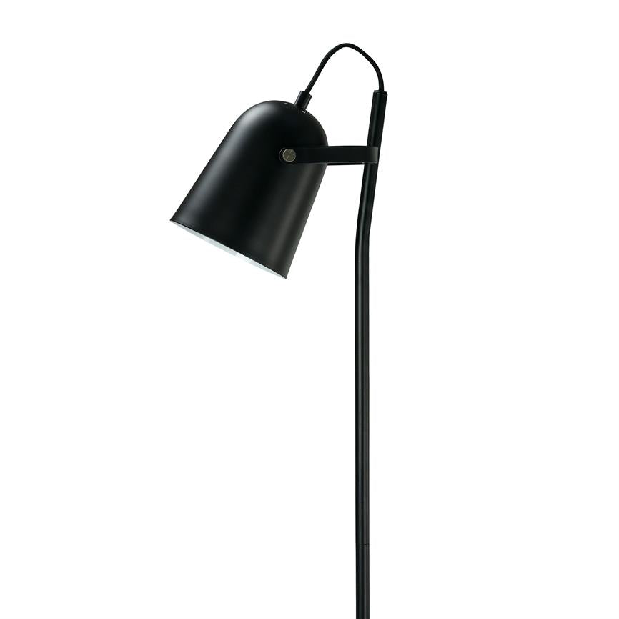 Black metal floor lamp, off, slants downwards, with a cylindrical, adjustable shade attached to a slim, black rod; simple, modern shape against a uniform white background.