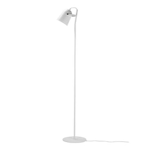 White floor lamp stands upright; the lampshade is slightly angled downwards. Slender metal rod on round base with visible wire, placed on uniform white background.