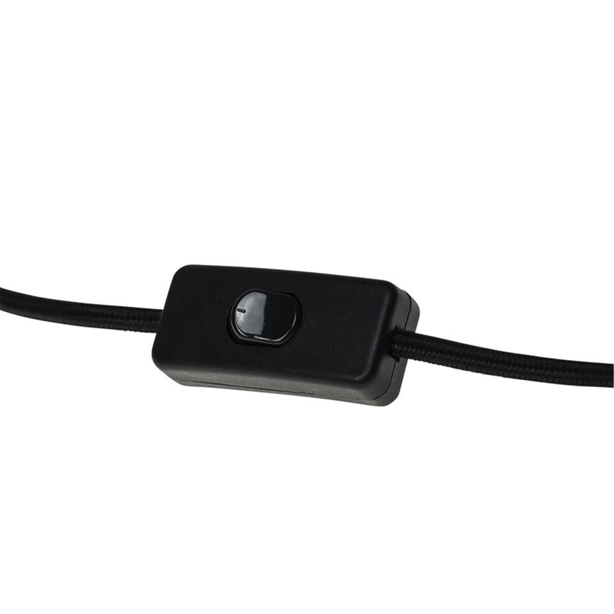 Black inline button sits in a rectangular plastic box on a cloth-bound cable; cables run out at both ends, set against a uniform white background.