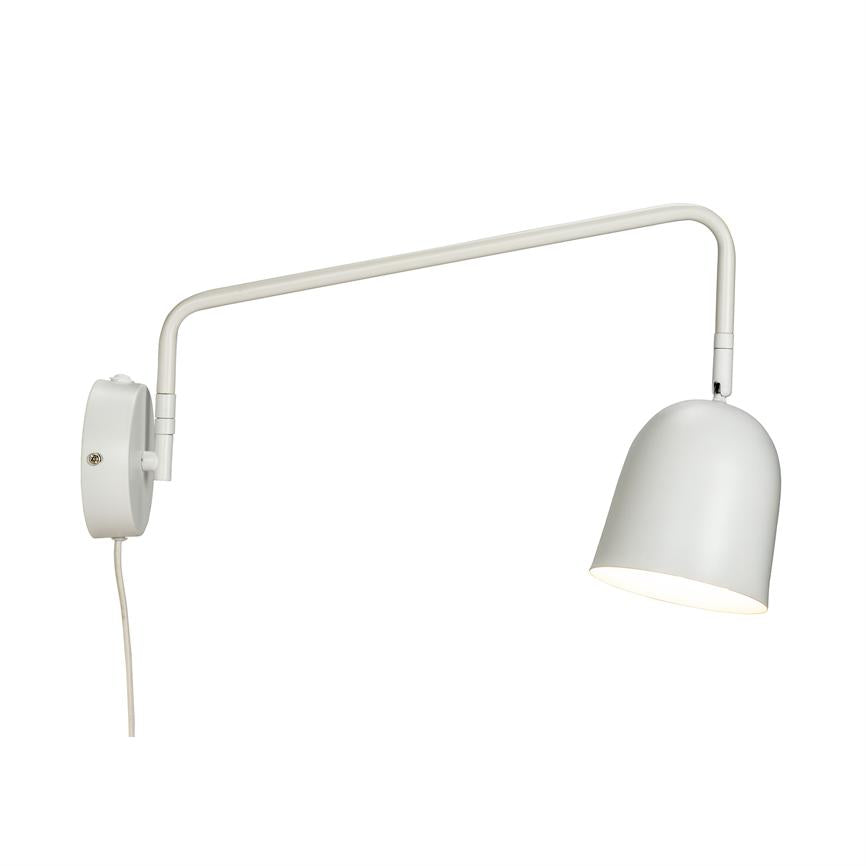 A white wall lamp with a long, swiveling arm; the screen is facing down and on, mounted on a round wall plate with visible wire, neutral white background.