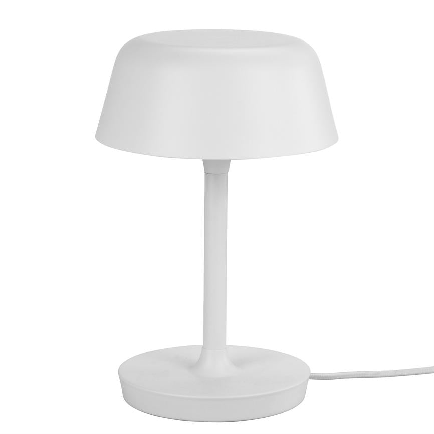 White table lamp is switched off on white background; round screen and slim rod over circular foot, with visible power cord, simple and minimalist form.