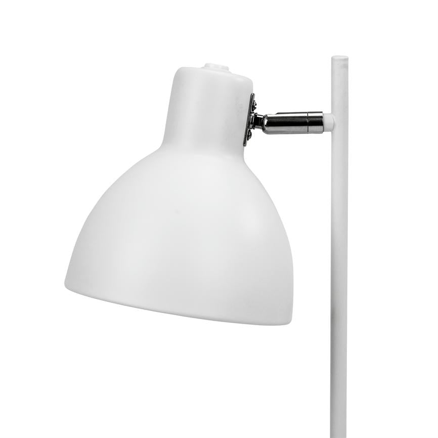 A white lampshade slopes downwards, attached by a chrome link to a thin, vertical rod in front of a uniform white background.