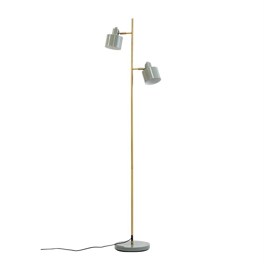 A slim floor lamp with gold colored rod, two gray cylindrical shades angled downwards, round base and black cord; stands free against a neutral white background.