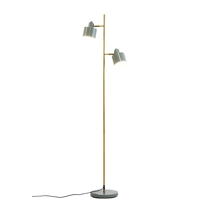 Tall floor lamp with two grey, adjustable shades mounted on a slim, gold-coloured rod; the screens light downwards from a round base plate, black wire lies on a white background.