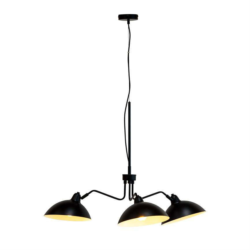 Black three-armed ceiling lamp with three hemispherical shades, hangs on a black cord and emits warm light; simple, industrial style against neutral white background.