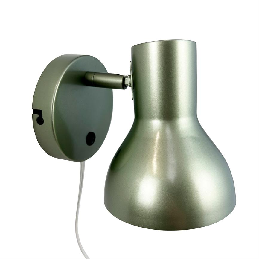 Wall lamp in matt silver, with rounded shade mounted on a circular wall box via a short hinge; lamp arm points downwards, white cord hangs towards bottom on white background.