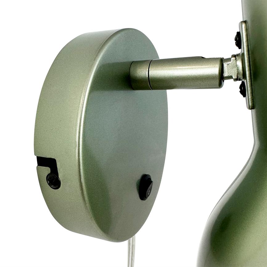 Round metal wall bracket holds a short, adjustable arm and a green lampshade, with visible on/off button and clear cord against a clean, white background.
