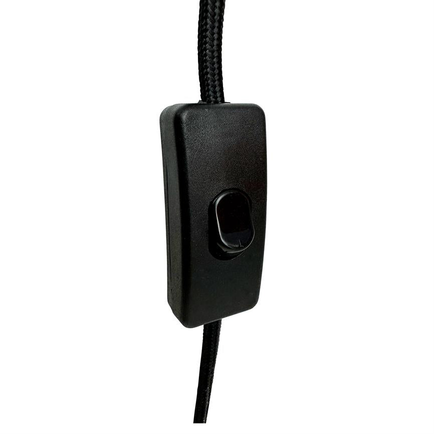 Black rectangular cable switch hangs on a black braided cable, with an oval toggle button in the middle, against a neutral white background.