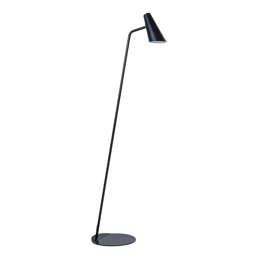 Black floor lamp with slim, slanted rod, cone-shaped shade pointing downwards; round foot holds it upright on a uniform white background.