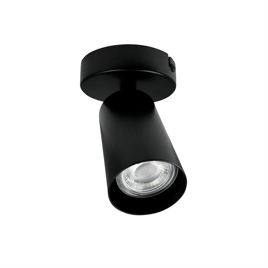 Black cylindrical ceiling spot mounted on a round base, pointing downwards; visible reflector and glass lens at the bottom. Product image presented against a white background.