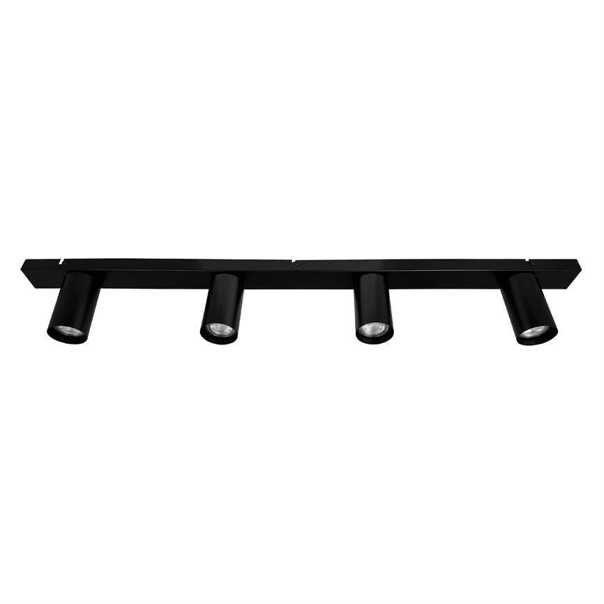 Black ceiling rail with four cylindrical spotlights (object), pointing downwards and mounted along a straight rail (action), product image against uniform white background (context).